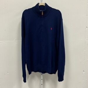 Vintage Polo Ralph Lauren Men's Quarter Zip Sweater XL Navy Blue Red Pony RL